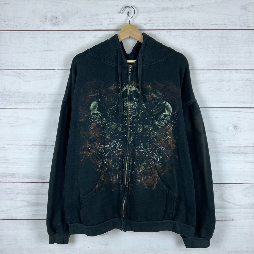 Vintage Y2K 2008 Miami Ink Skull Full Zip Faded Hoodie 2XL